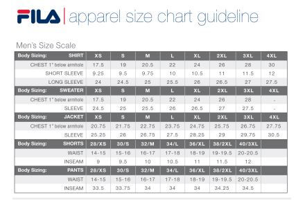 Fila Shirt Size Chart